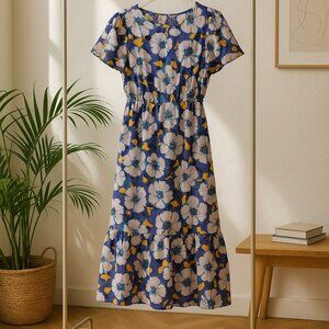 Blue Floral Midi Dress – Short Sleeve, Elastic Waist, Casual Summer Style, xs